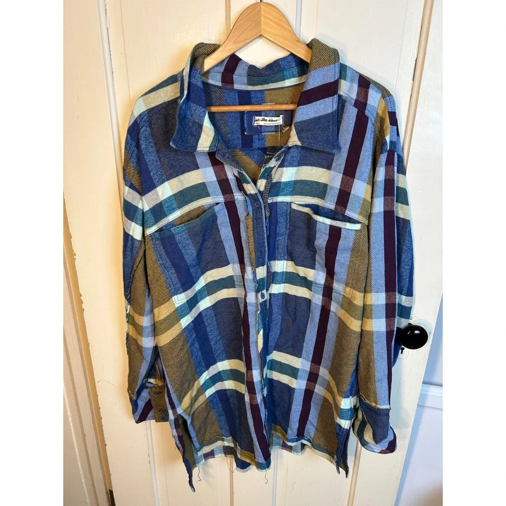 Free People We The Free So Long Summer Plaid Shacket Blue Yellow Large OB1597920